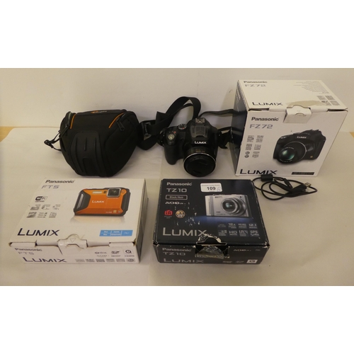 109 - Three Panasonic digital cameras, viz. a Lumix FTS; a Lumix T210; and a Lumix F272  all boxed&nb... 