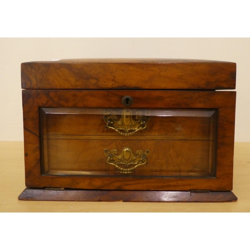 119 - A mid Victorian walnut jewellery box with straight sides and a hinged lid, fall glazed panelled fron... 