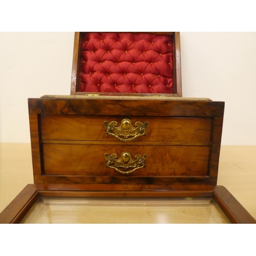 119 - A mid Victorian walnut jewellery box with straight sides and a hinged lid, fall glazed panelled fron... 