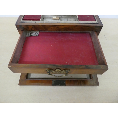 119 - A mid Victorian walnut jewellery box with straight sides and a hinged lid, fall glazed panelled fron... 