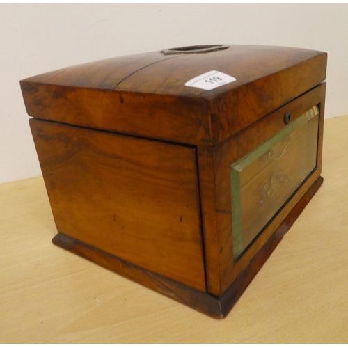 119 - A mid Victorian walnut jewellery box with straight sides and a hinged lid, fall glazed panelled fron... 