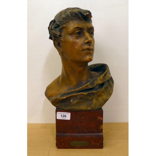 126 - A 20thC bronze effect, cast metal traditional bust, after Schmitt Felling, on a plinth  15