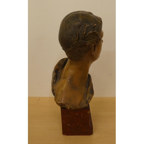 126 - A 20thC bronze effect, cast metal traditional bust, after Schmitt Felling, on a plinth  15