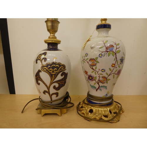 128 - Four table lamps, decorated in individual taste  some bearing continental marks  largest 14