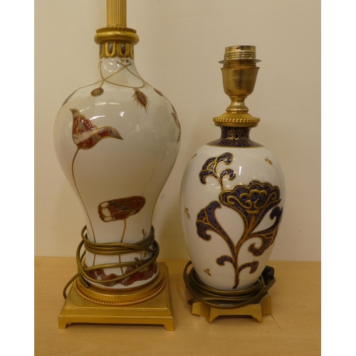 128 - Four table lamps, decorated in individual taste  some bearing continental marks  largest 14