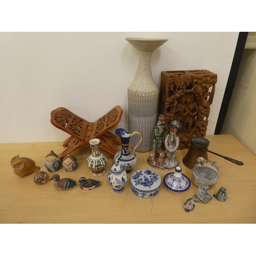 130 - A mixed lot: to include studio pottery and Asian carved wooden items  mixed sizes 