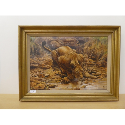 135 - Timothy Greenwood - 'Lioness at Waterhole'  oil on canvas  bears a signature & dated 1... 