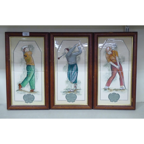 172 - A set of three Maw and Company twin tile panels, depicting golfing legends, Henry Cotton, Ben Hagan ... 