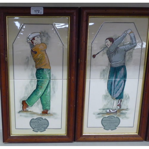 172 - A set of three Maw and Company twin tile panels, depicting golfing legends, Henry Cotton, Ben Hagan ... 