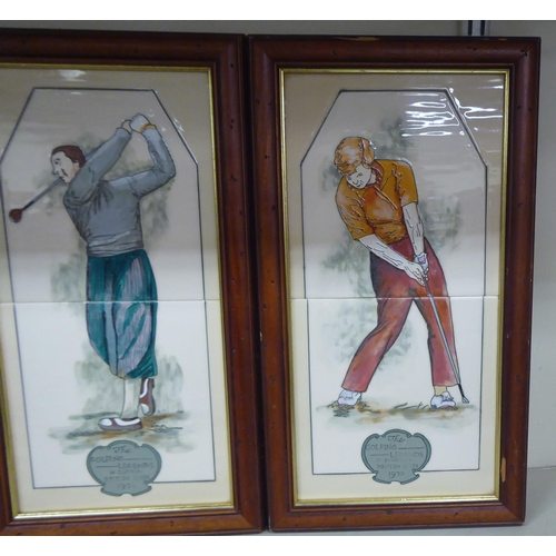 172 - A set of three Maw and Company twin tile panels, depicting golfing legends, Henry Cotton, Ben Hagan ... 