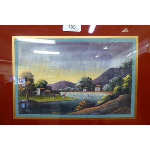 185 - Early 20thC Chinese School - a series of three landscapes in a single frame  mixed media  ... 