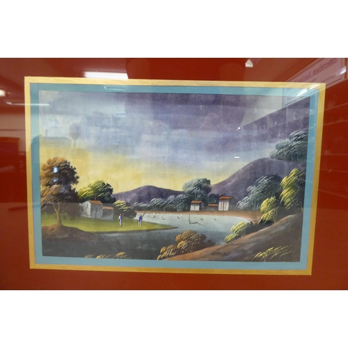 185 - Early 20thC Chinese School - a series of three landscapes in a single frame  mixed media  ... 