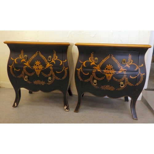 198 - A pair of modern black painted and gilt stencilled two drawer bedside chests, raised on splayed legs... 