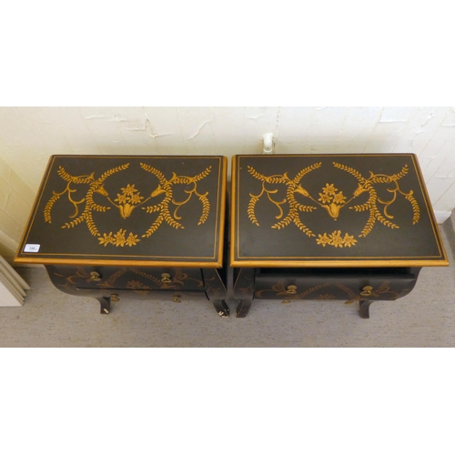 198 - A pair of modern black painted and gilt stencilled two drawer bedside chests, raised on splayed legs... 