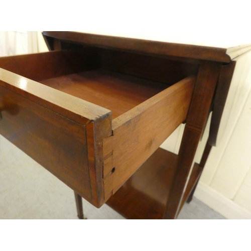 201 - An Edwardian mahogany drop leaf, two tier occasional table, raised on square legs and casters  ... 