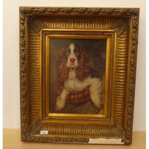 205 - A reproduction of a 19thC study, a spaniel  faux oil study  15