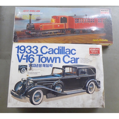 258 - Model kits, various scales: to include by Minicraft, an '1872 Vulcan Saddleback Locomotive'; and a '... 