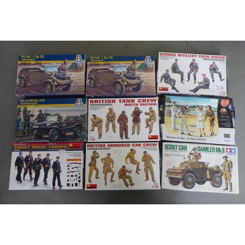 288 - 1/35 scale model kits: to include by Italeri, a 'Crusader Mk.II'; and a 'R75 Motorcycle with Side Ca... 