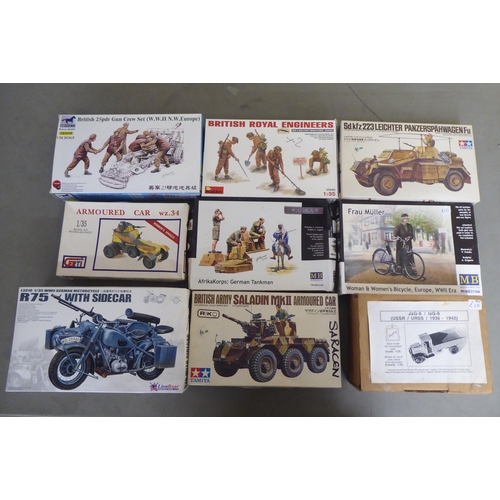 288 - 1/35 scale model kits: to include by Italeri, a 'Crusader Mk.II'; and a 'R75 Motorcycle with Side Ca... 