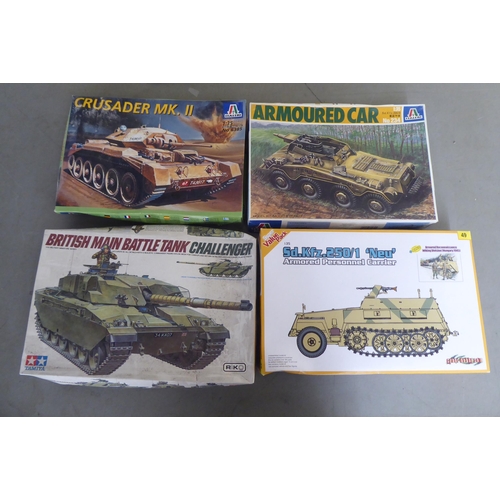 288 - 1/35 scale model kits: to include by Italeri, a 'Crusader Mk.II'; and a 'R75 Motorcycle with Side Ca... 