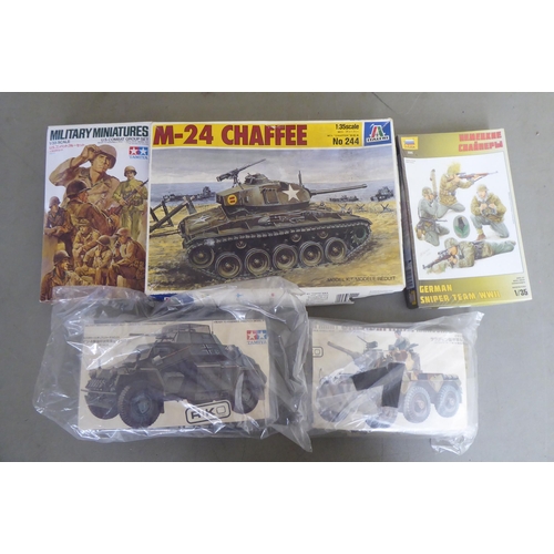 288 - 1/35 scale model kits: to include by Italeri, a 'Crusader Mk.II'; and a 'R75 Motorcycle with Side Ca... 