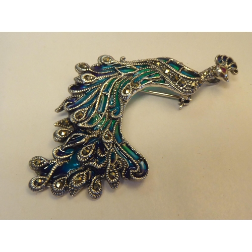 310 - A silver coloured metal and plique a jour set, peacock brooch/pendant