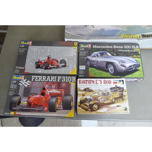 323 - 1/24 scale model kits: to include by Revell, a 'Ferrari F310B'; and a 'Hawker Hurricane Mk.I' by Air... 