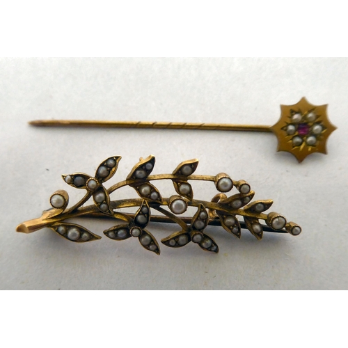 365 - A 9ct gold scarf pin; and a 15ct gold brooch, set with pearls, fashioned as a branch