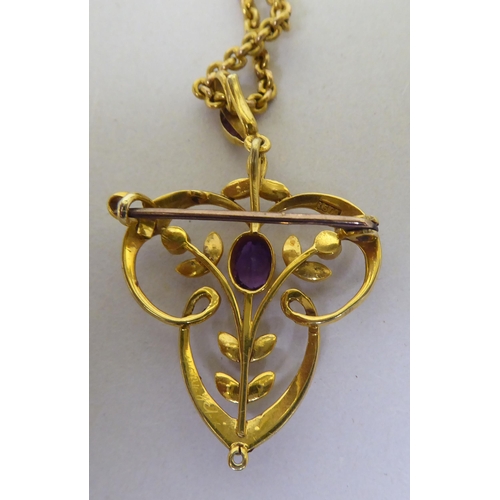 369 - A late Victorian 15ct gold pendant, set with pearls, on a yellow metal chain 