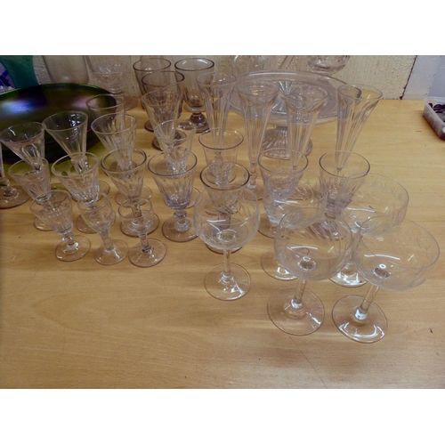 37 - Glassware: to include pedestal, tapered flutes with thumb moulded decoration