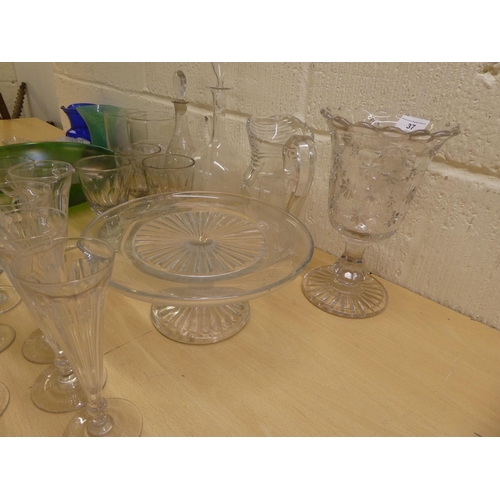 37 - Glassware: to include pedestal, tapered flutes with thumb moulded decoration