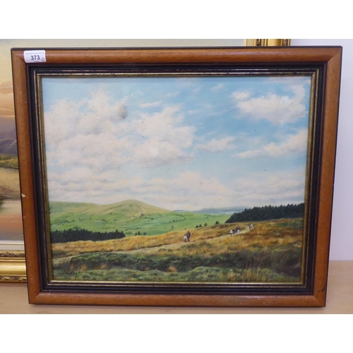 373 - David Stribbings - figures walking in a mountainous scene  oil on canvas  bears a signature  15.5