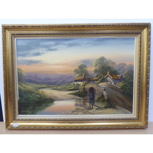 373 - David Stribbings - figures walking in a mountainous scene  oil on canvas  bears a signature  15.5