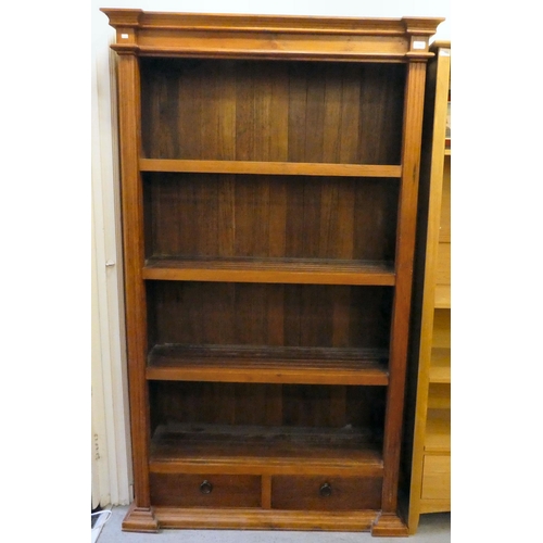 396 - A modern teak bookcase with three shelves and two drawers, on a plinth  76