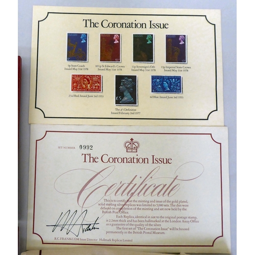 404 - A set of seven gold plated, silver replica presentation stamps from 'The Coronation Issue' set no.09... 