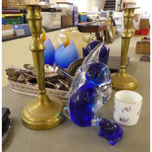 60 - A mixed lot: to include a pair of glass decanters; and various metalware