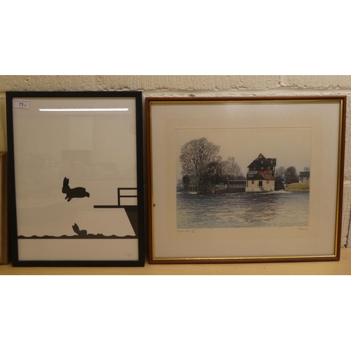 71 - Framed pictures: to include after Jo Barry - two landscapes  Limited Edition coloured prints  bearin... 