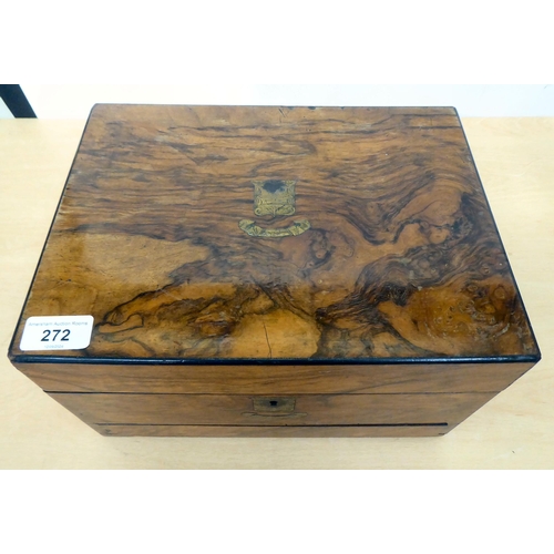 272 - A late Victorian walnut vanity box with straight sides and a hinged lid, enclosing a fitted interior... 