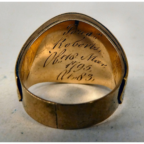 107 - A late 18thC yellow metal and enamel mourning ring  bearing personalised text verso