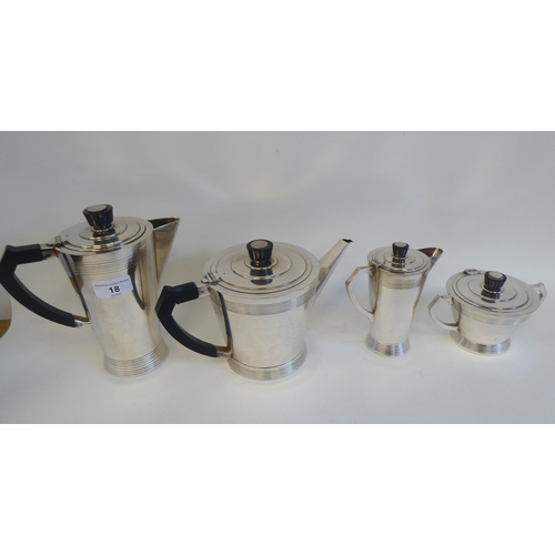 18 - An Art Deco silver plated four piece tea set of angular design  comprising a tea pot, coffee pot, su... 