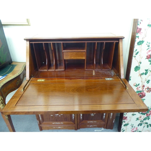 19 - A modern Chinese mother-of-pearl inlaid rosewood home office desk, the fall flap, over two drawers a... 