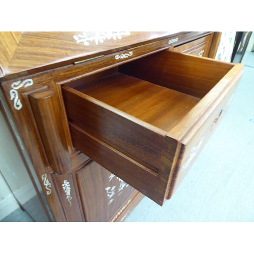 19 - A modern Chinese mother-of-pearl inlaid rosewood home office desk, the fall flap, over two drawers a... 