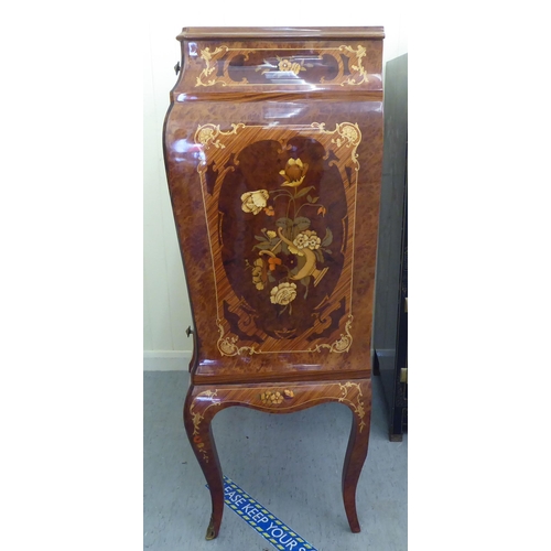 2 - A modern Louis XV design, marquetry cocktail cabinet with a drawer, over a fall front and another dr... 