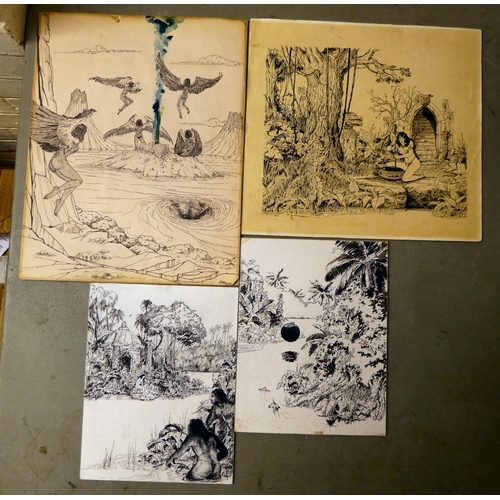 219 - In the manner of de Souza - four sci-fi themed pen sketches&nbsp; largest 10