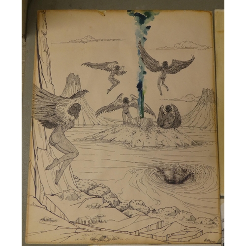 219 - In the manner of de Souza - four sci-fi themed pen sketches&nbsp; largest 10