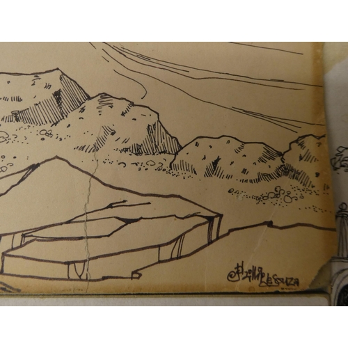 219 - In the manner of de Souza - four sci-fi themed pen sketches&nbsp; largest 10