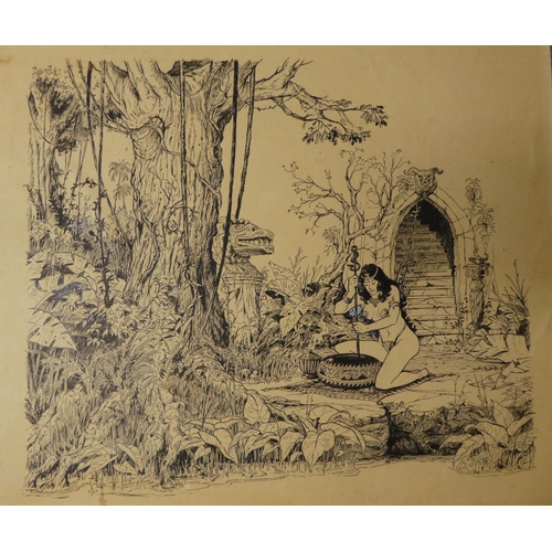 219 - In the manner of de Souza - four sci-fi themed pen sketches&nbsp; largest 10