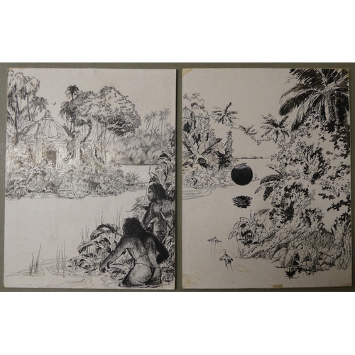 219 - In the manner of de Souza - four sci-fi themed pen sketches&nbsp; largest 10