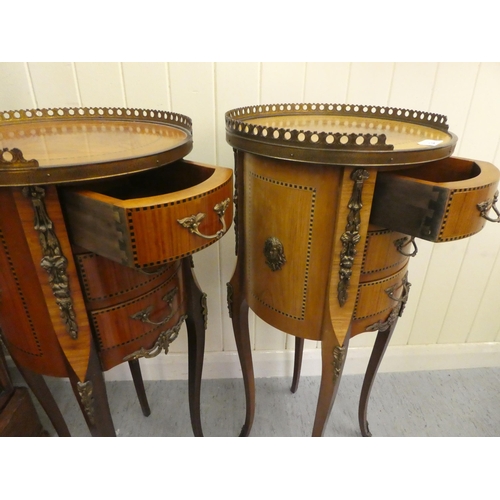 24 - A pair of modern Louis XVI design, marquetry and ormolu mounted, three drawer side tables of cylinde... 