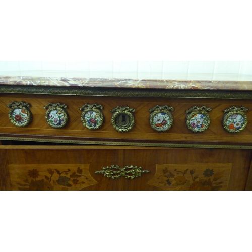 39 - A modern Louis XVI design marquetry decorated and Omalu mounted marble top side cabinet  41